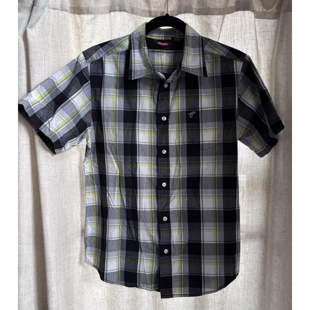 Wrangler Boys XXL 18‎ Plaid Western Shirt Black Green White Short Sleeve EUC